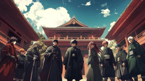 Samurai academy under storm-bright skies, gathered in resolve.