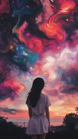 Backlit figure studies swirling nebula-like sky in saturated dusk