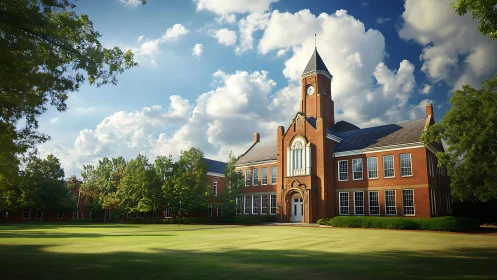 Sunlit brick schoolhouse with clock tower and green lawn.