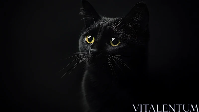Black cat with luminous amber eyes against dark backdrop using chiaroscuro technique
