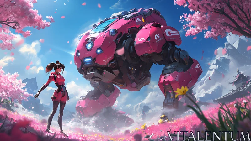 Mech pilot in neon armor amid tranquil cherry blossoms.