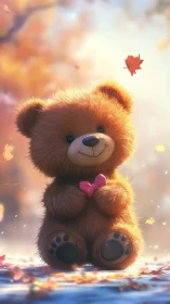 Autumn glow teddy bear holding pink heart-shaped bow.