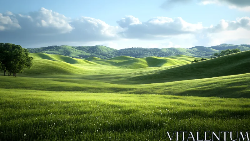 Sunlit grass hills under soft cloud cover, distant ridges.