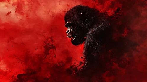 Gorilla profile rendered in crimson smoke abstraction.