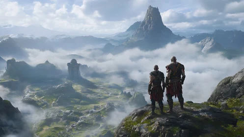 Warriors survey misty valley beneath towering monoliths.