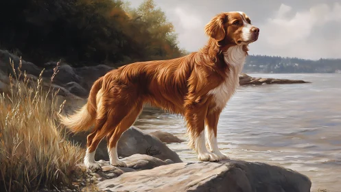Golden shore watcher, a gentle dog in quiet sunlight.