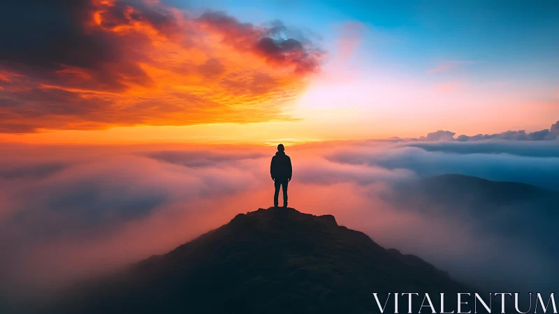 Solitary traveler soaking in a glowing mountaintop sunrise.