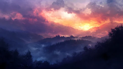 Digital painting landscape with misty valleys and burning sky.