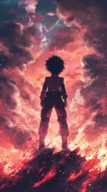 Lone anime hero stands against flaming storm clouds in sky.