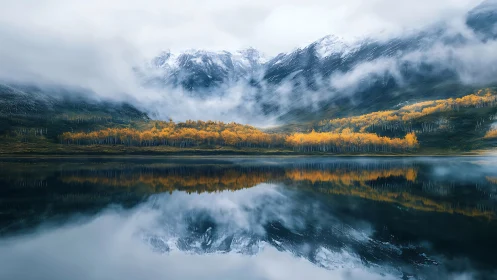 Autumn aspens mirror against misted alpine ridge and lake