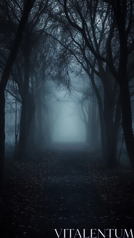 Moody foggy forest path inviting quiet, courageous steps.
