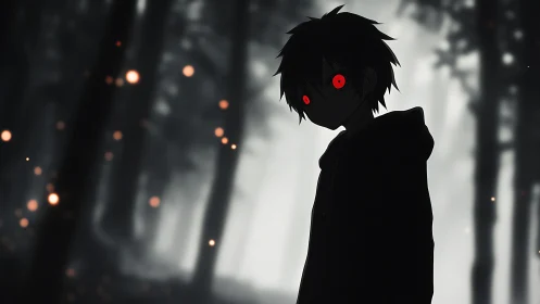 Hooded anime silhouette with glowing red eyes in misty forest