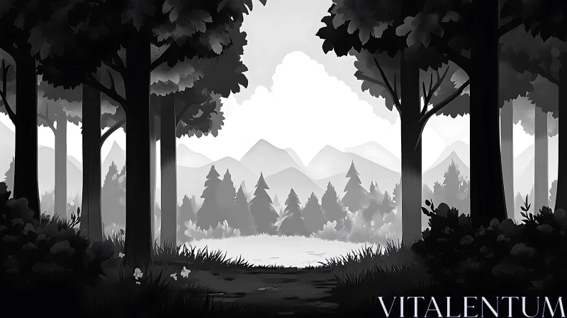 Forest Vista with Mountains: Black and White Landscape Illustration.