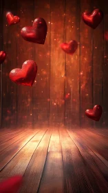 Floating Crimson Hearts Dance Against Glowing Wooden Depths