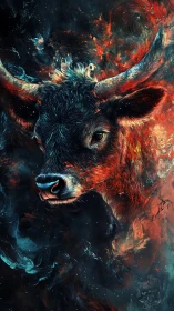 Celestial bull portrait immersed in fiery cosmic nebula.