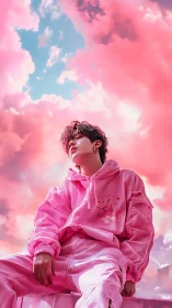 Digital painting of youth in pink streetwear under pastel sky.