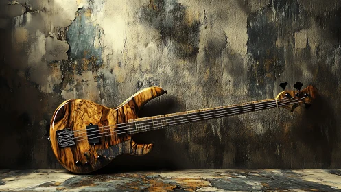 Exotic wood bass guitar rests against textured grunge wall.