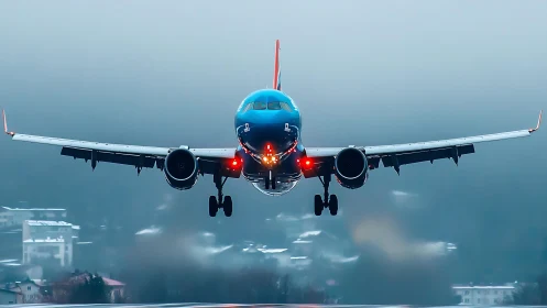 Powerful passenger jet glides toward a misty city runway