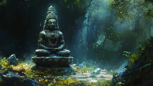 Serene stone deity statue in luminous forest clearing.