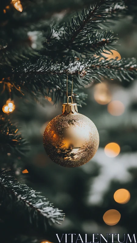 Macro optical study of golden bauble on snow-dusted fir branch.