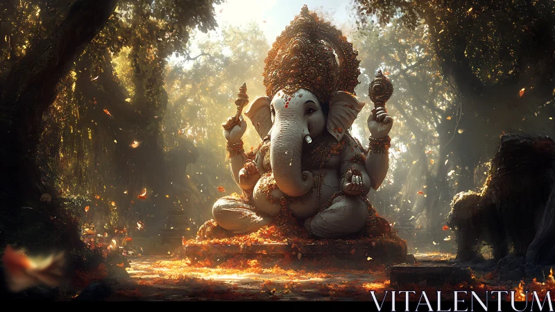 Elephant-headed deity statue in forest clearing at dawn.