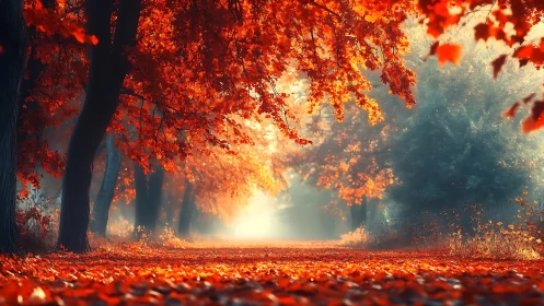 Atmospheric Autumn Forest Scene with Golden Hour Luminosity and Volumetric Light Scattering