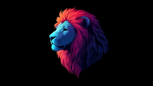 Neon duotone lion profile in minimalist vector silhouette.
