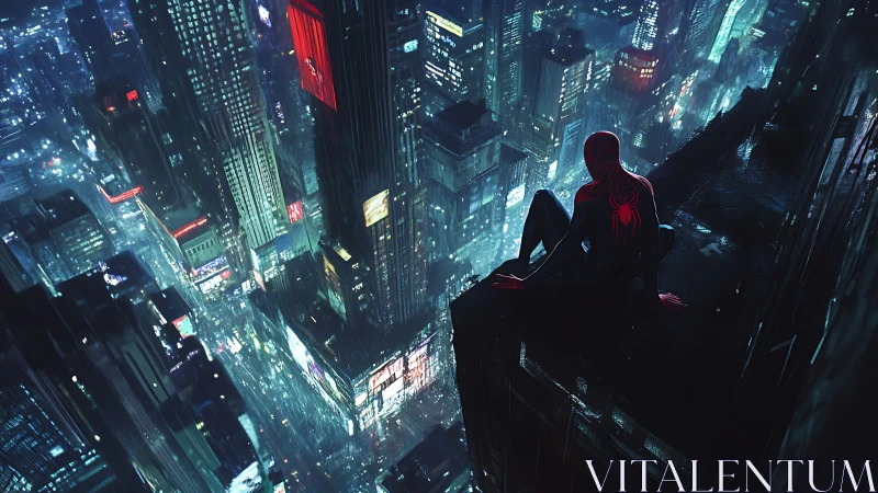 Spider-suited figure overlooks dense neon cityscape at night