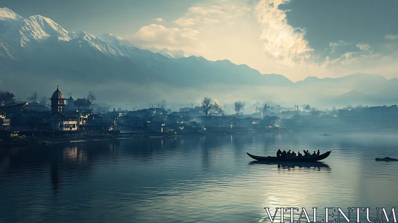 Boat crosses misty lake below snowcapped mountain town at dawn