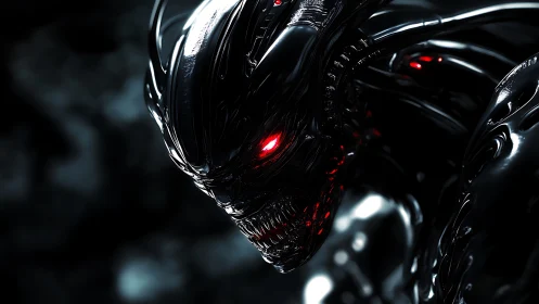 Cybernetic demon head glows with ominous red energy.