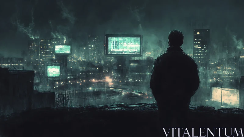 Lone figure watching neon billboards over dark cityscape.