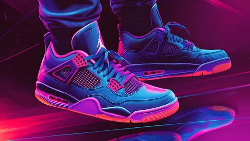 Neon gradient sneaker close-up in futuristic digital painting.