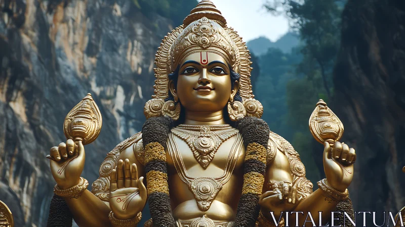 Golden deity statue stands before rocky cliff landscape