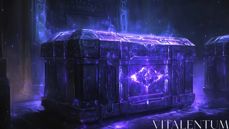 Mystic violet energy chest glowing in shadowed vault.