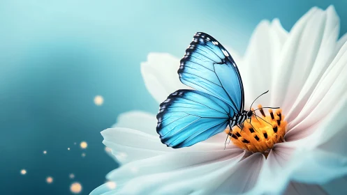 Macro study of blue butterfly morphology on white blossom.