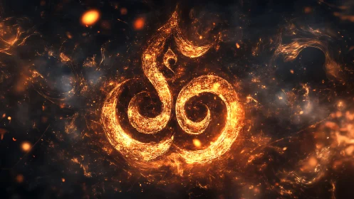 Incandescent Om Symbol Surrounded by Fiery Particle Dynamics
