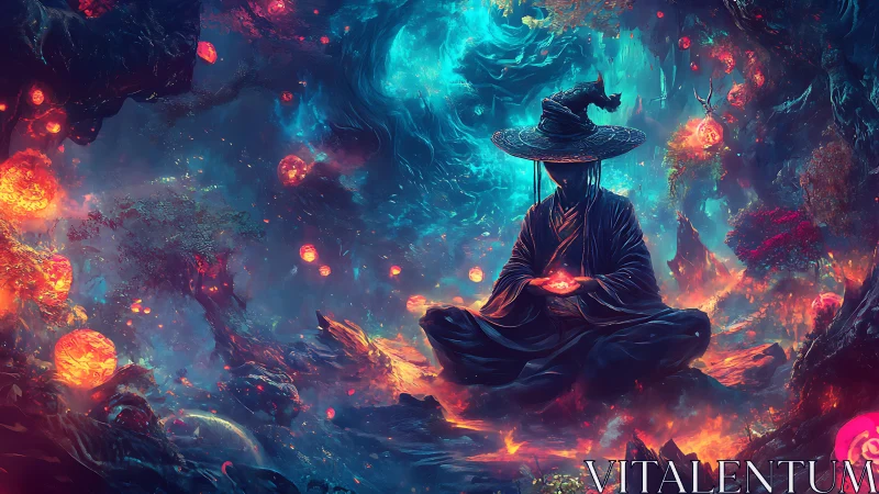 Fantasy monk in luminescent forest vortex, digital painting.