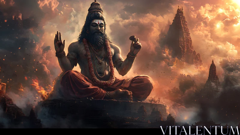 Meditating mountain deity amid burning celestial clouds.