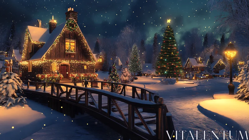 Snowy Christmas village glows under starlit winter sky.