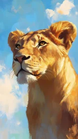 Lioness portrait captures golden light against vivid sky