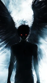 Red‑eyed dusk angel stalking the faultline of heaven.