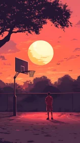 Sunset-lit outdoor court with solitary player observing horizon