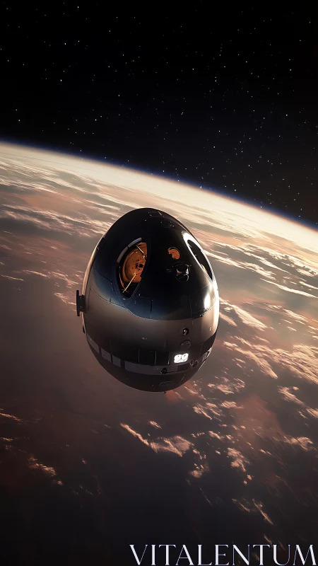 Crew capsule orbiting Earth above glowing twilight clouds.