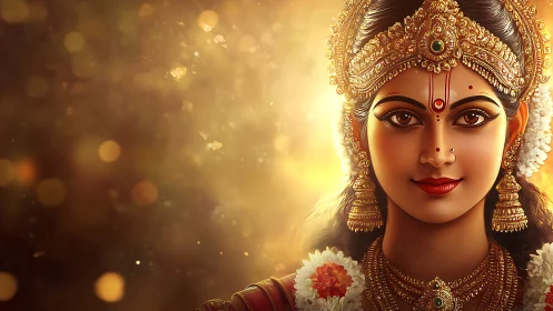 Divine Indian goddess portrait glows in radiant golden light