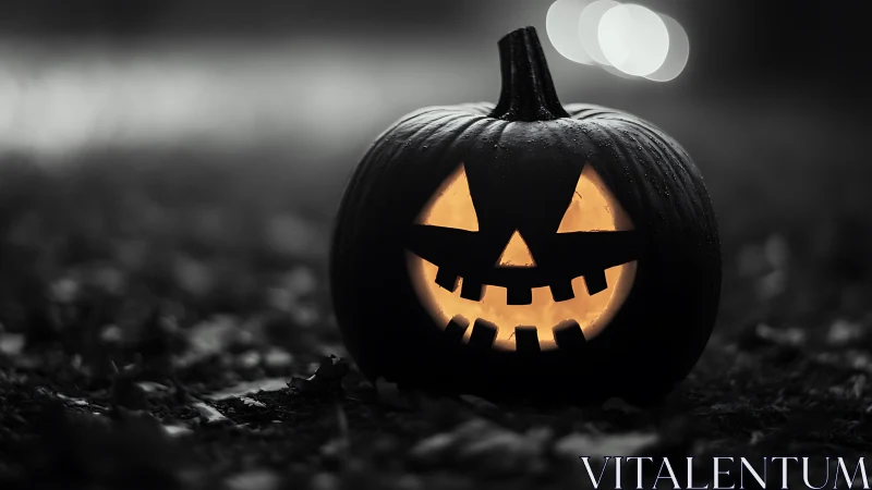 Grinning jack o lantern rules a foggy grayscale Halloween night.