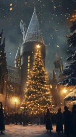 Gothic stone castle courtyard hosts towering illuminated winter tree