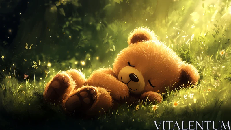 Sleeping teddy bear rendered in luminous forest digital art