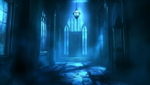 Volumetric blue lighting defines a gothic corridor with mist and decay