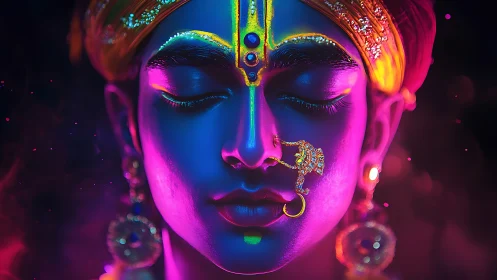 Neon-lit divine portrait with glowing jewelry and calm face.