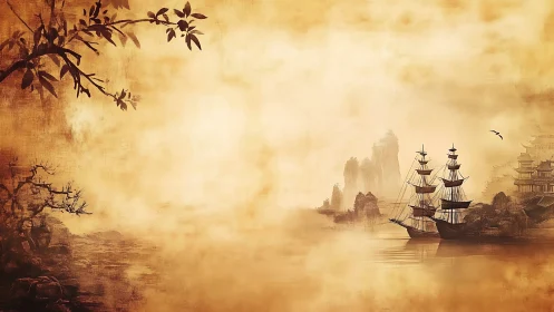 Golden mist seascape with tall ship and coastal pagodas.